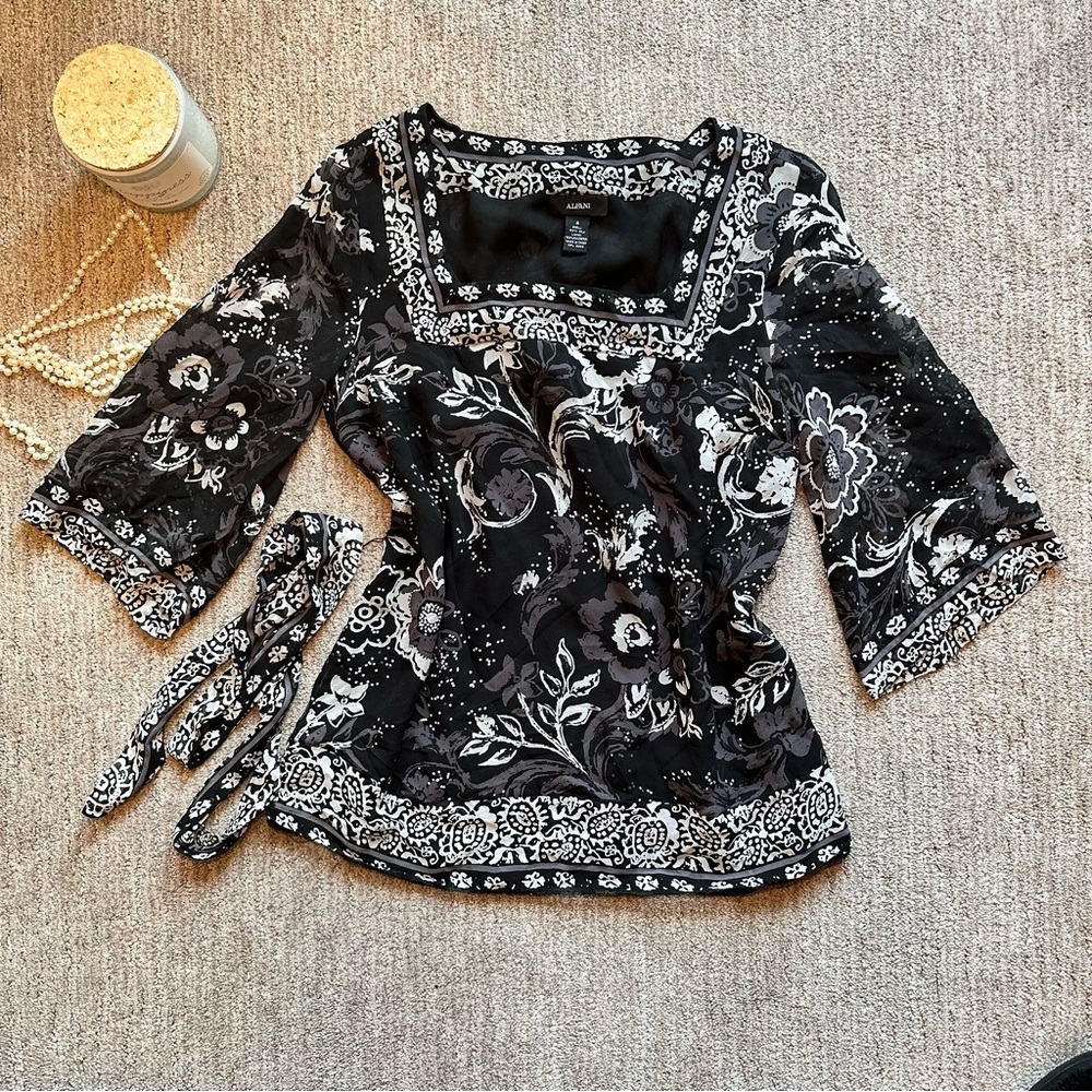Alfani Black White Floral Silk Blouse Tie Waist Size 4 #12